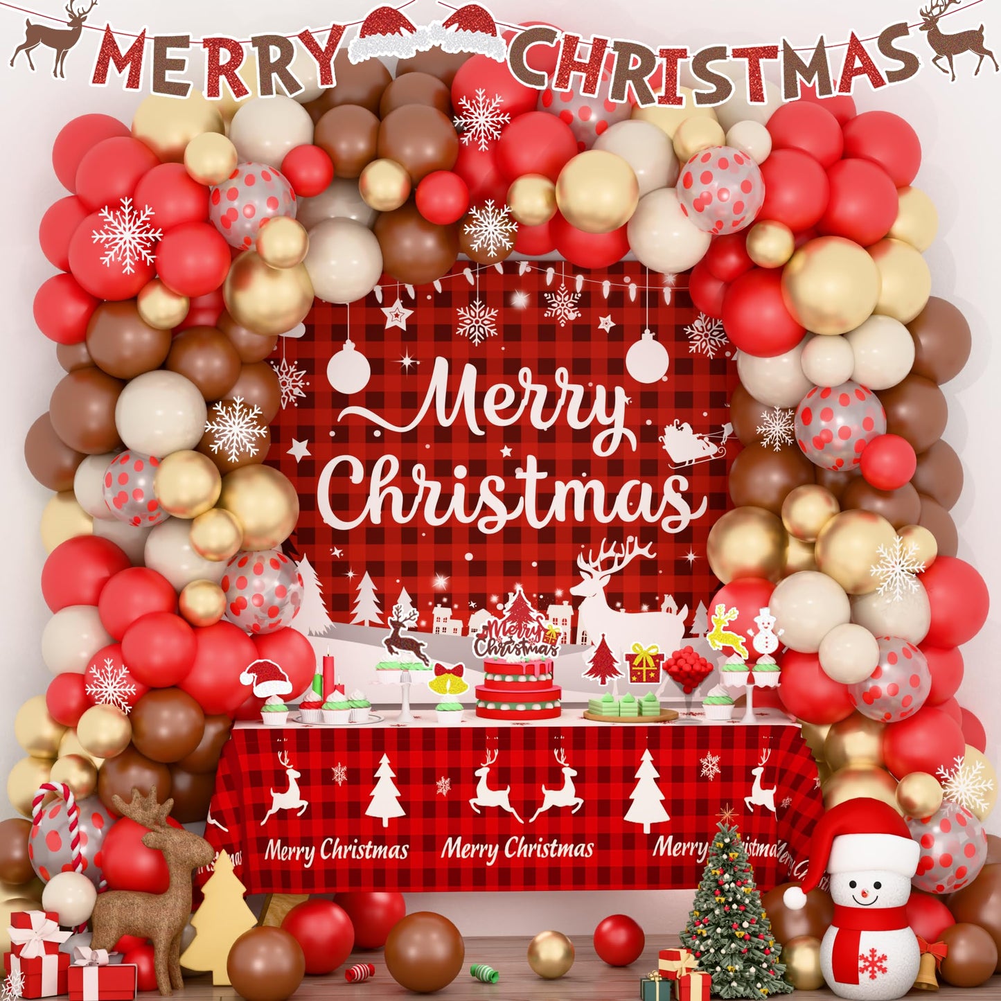 Merry Chirstmas Party Decorations, Christmas Decorations Set, Christmas Balloon Garland Banner Backdrop Tablecloth Toppers Snowflake Winter Santa Party Supplies for Indoor Outdoor Home Decor