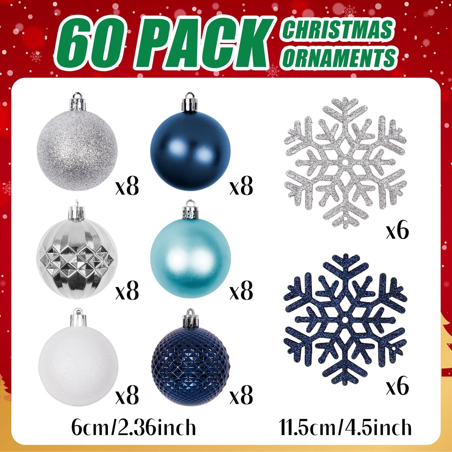 Christmas Tree Decorations Ornament Set, 60ct 2.36 Inches Navy Blue Silver Shatterproof Christmas Ball Ornaments, Hanging Ball for Xmas Holiday Wedding Party Decor