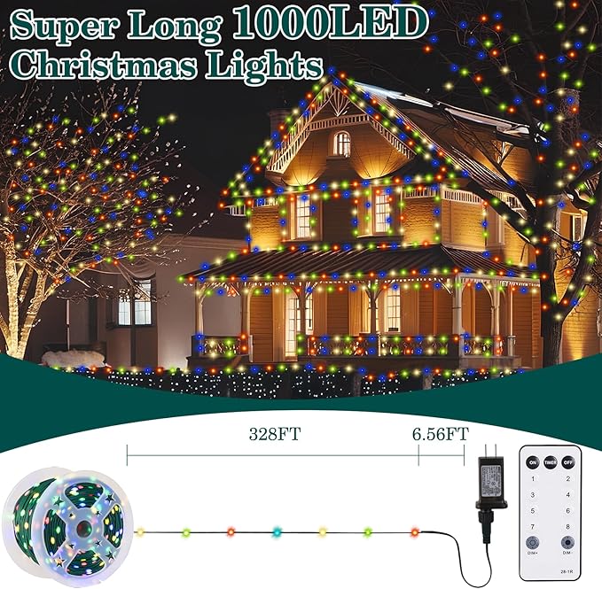 Christmas Lights Outdoor 1000 LED 328FT String Lights Multicolored, IP67 Waterproof Indoor Christmas Fairy Lights,8 Modes 4-Level Dimming with Remote for Garden Tree Patio Balcony Xmas Party Decor