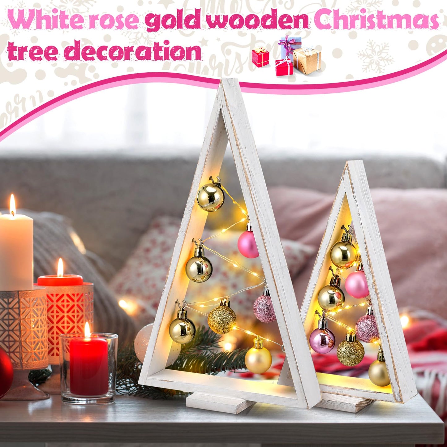 Hungdao 2 Pack Wooden Christmas Tree with Lights and Balls Modern Farmhouse Christmas Table Centerpiece Tabletop Decor for Winter Fireplace Mantle Shelf Home Decor(Pink, Rose Gold)