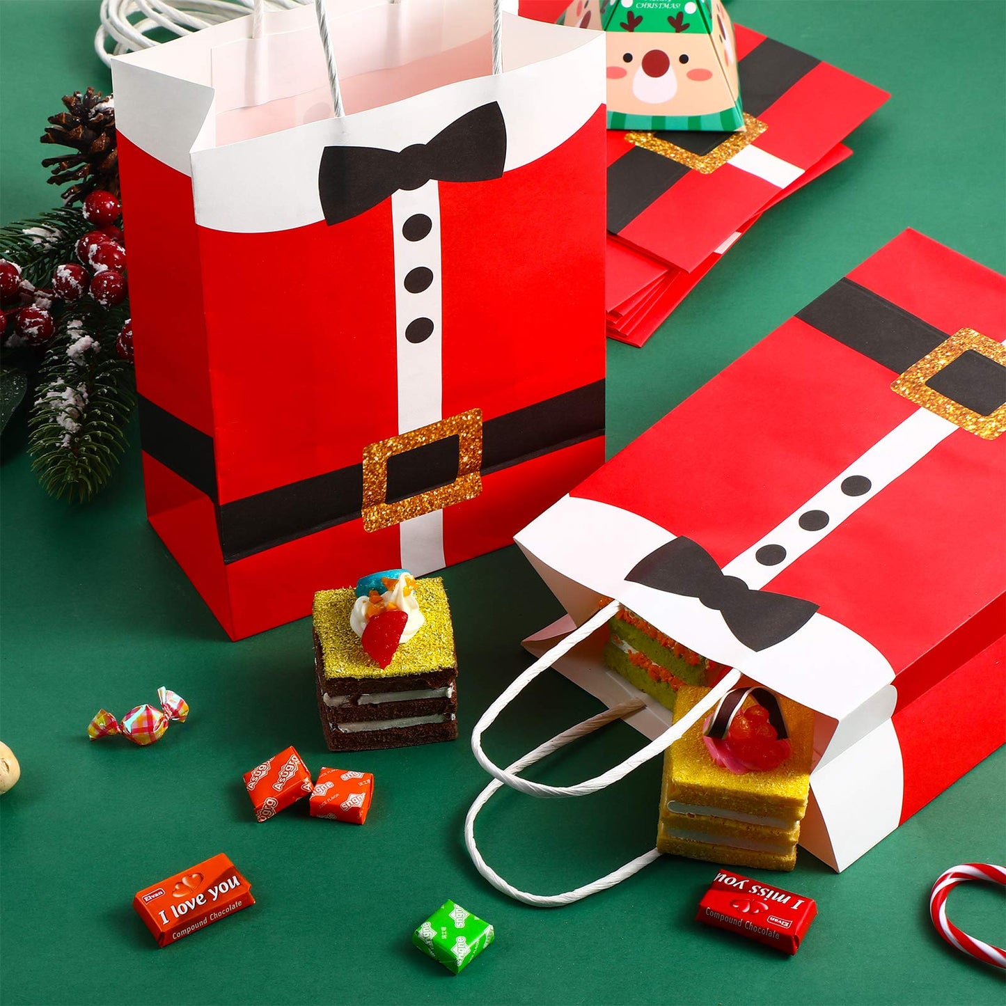 16 Large Santa Clause Suit Print Bags with Handle, Durable Kraft Paper Present Wrapping Bags for Xmas Party Supplies, 6.3 x 3.1 x 8.7 Inches
