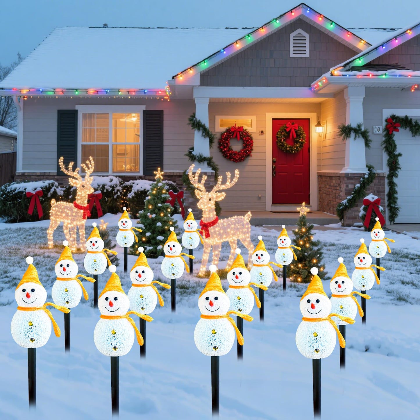Taoushuleng Led Christmas Yellow Snowman Pathway Lights, Solar Powered Light with 4 Stakes 8 Lighting Modes for Yard Garden Decor (Yellow Snowman)