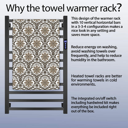 Towel Warmer Rack for Bathroom with Timer/Fahrenheit Temperature Control Wall Mounted Electric Heated 10 Bar Rail Plug-in or Hardwired Keep Bath Shower Towel Warming (Brushed Gold)