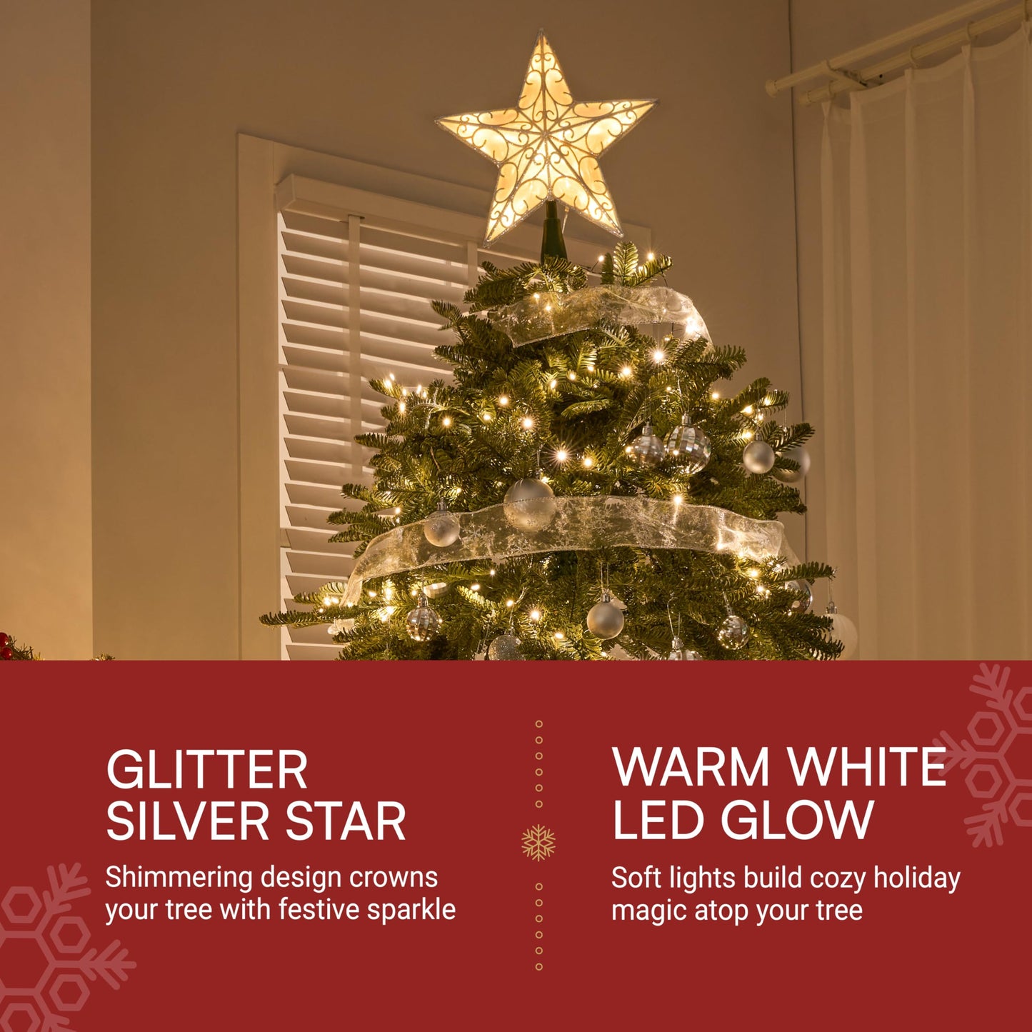 JOIEDOMI 9 inch Silver PVC Star Christmas Tree Topper, with 10 Warm White Light Glitter Swirl Battery Powered Indoor Decorations for Home Holiday Xmas Party