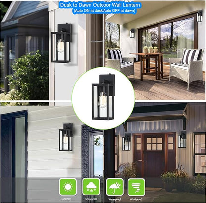 GRUENLICH Dusk to Dawn Large Outdoor Wall Lantern, Wall Sconce as Porch Lighting Fixture, E26 Base Max 60W, Metal Housing with Glass Shade (Black, 1-Pack)