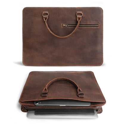 Littlefield & Co., Classic Portfolio Document Holder with Handles, Padfolio with Zipper Closure, Rustic Briefcase, Full Grain Leather, Handmade, Bourbon Brown