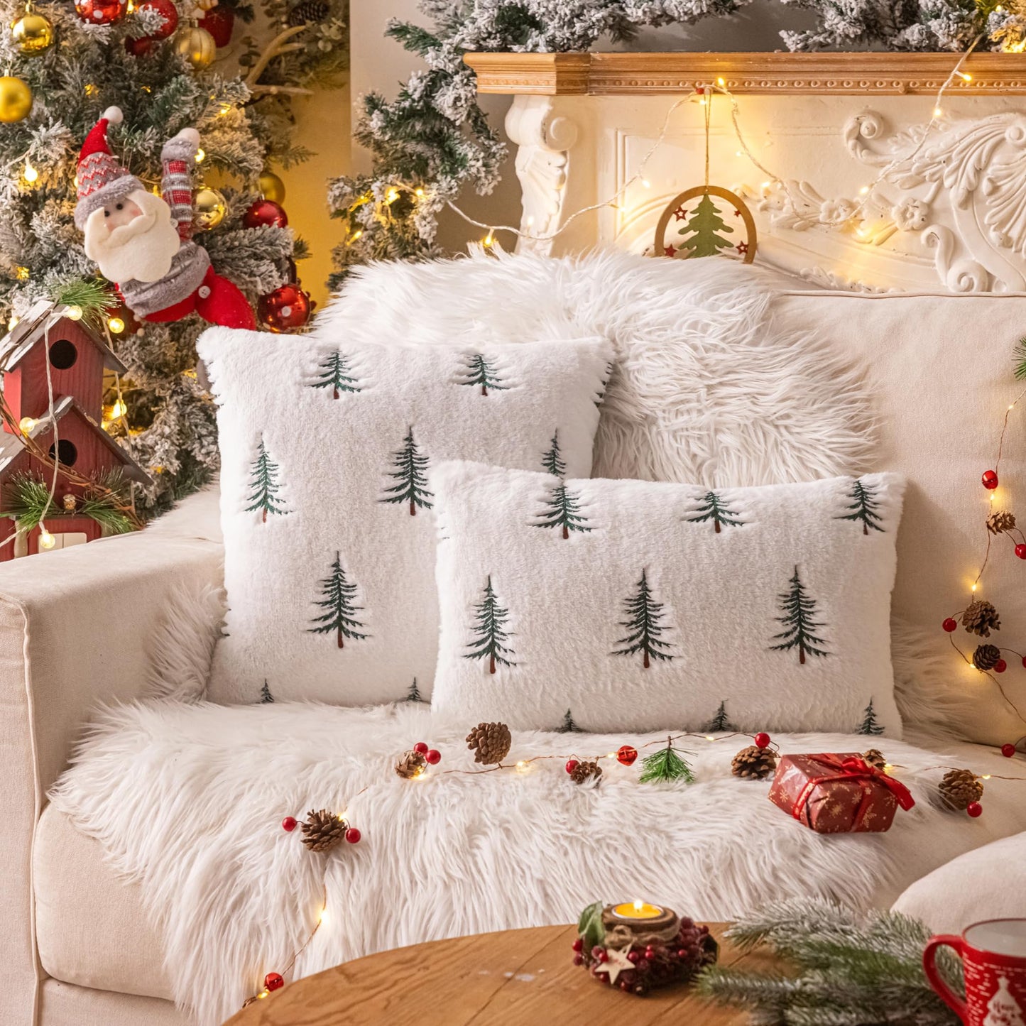 AQOTHES Christmas Tree Green Throw Pillow Covers 18x18, Soft Faux Fur Embroidered Throw Pillows for Couch Sofa Cushion Covers Holiday Home Decor