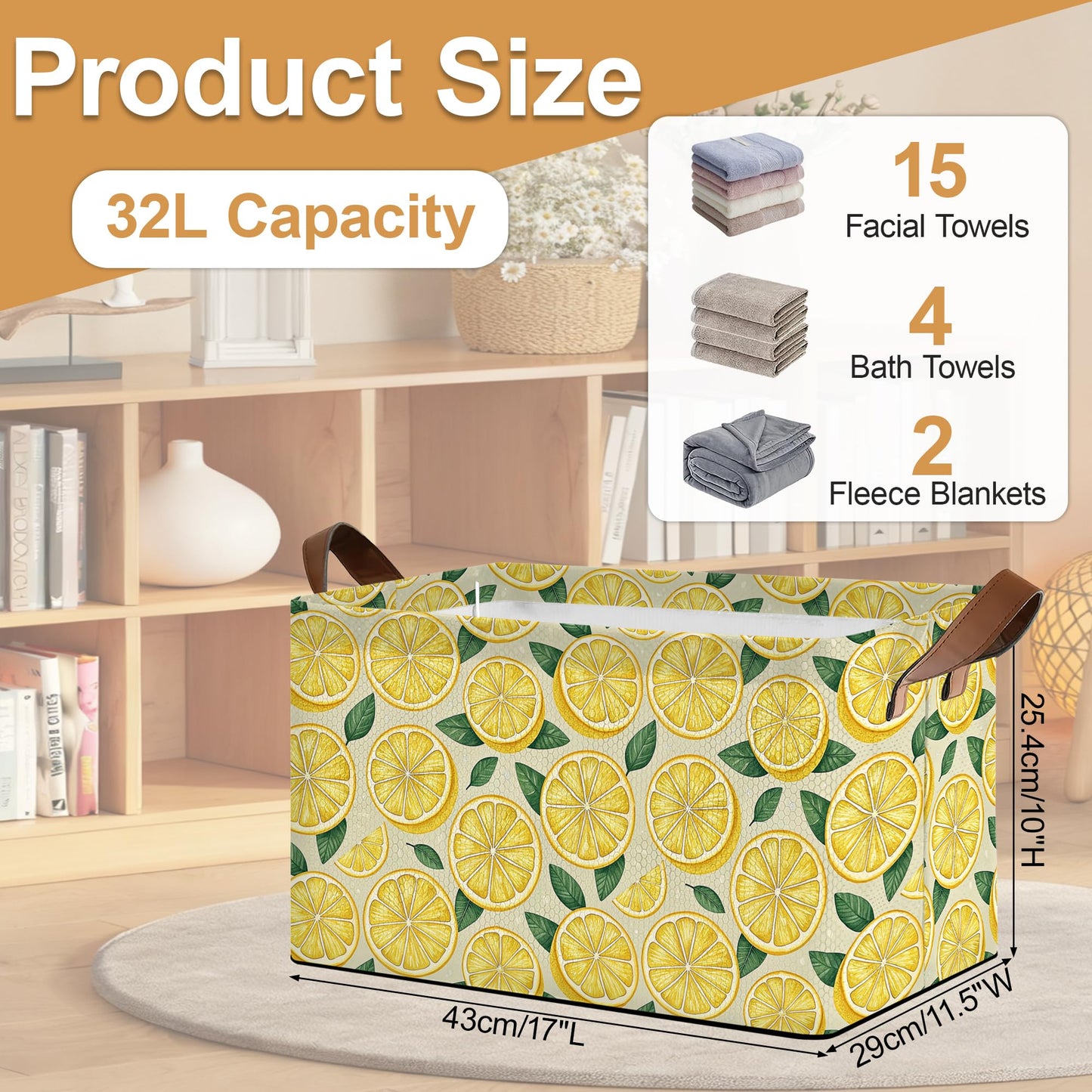 Oeaskly Lemon Fabric Storage Bins with Handles, Oxford Storage Basket for Closet Organization, Foldable Shelf Organizer for Bedroom, Nursery, Laundry, Office