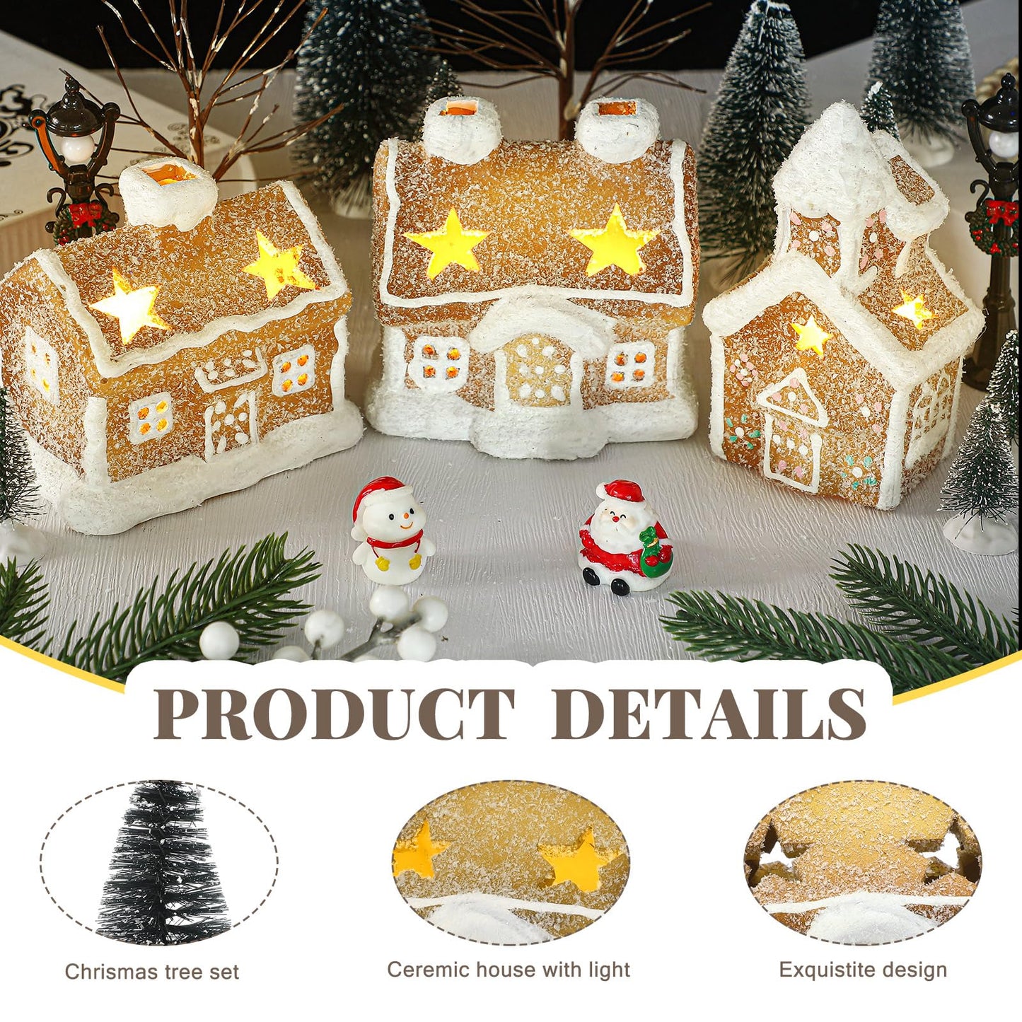 GlikCeil 17pcs LED Christmas Gingerbread Village Sets 3 Ceramic Gingerbread Houses Decor 2 Birch Trees 10 Pine Trees 2 Streetlight Christmas Figurines for Mantel Tabletop Shelf Decor