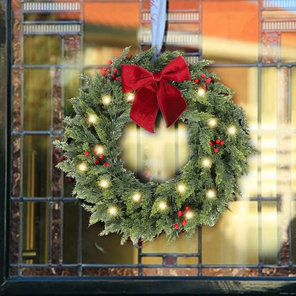26 Inch Christmas Wreaths for Front Door with Lights,Lighted Cedar Door Wreath,Prelit Real Touch Artificial Green Winter Wreath with Large Burgundy Velvet Bow for Indoor Outdoor Decor