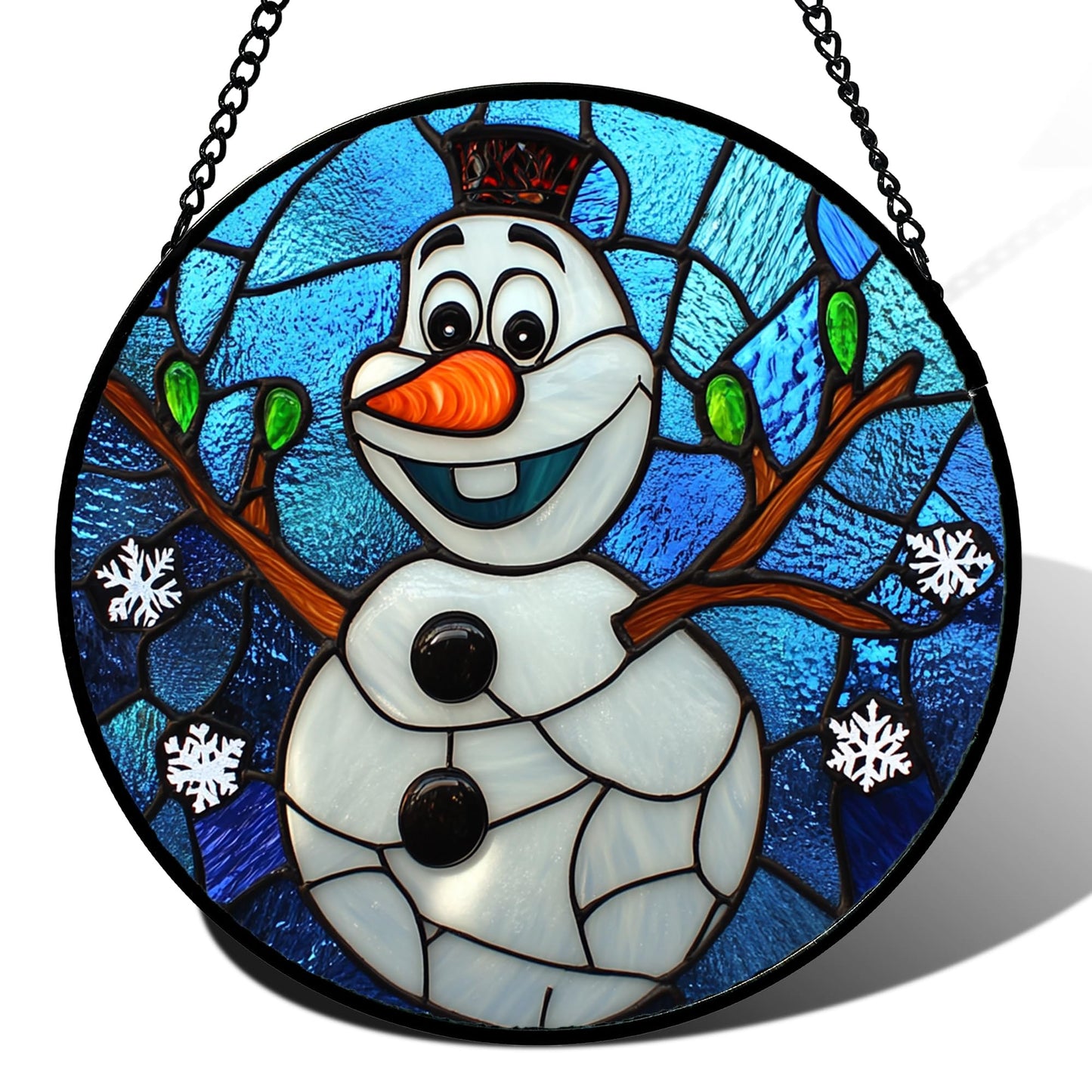 JOSUMALY Stained Glass Window Hanging Christmas Funny Snowman 11.8" - Suncatcher Door Garden Blue White Snowflakes Sun Catcher New Year Birthday for Friend Mom Men Woman Nana