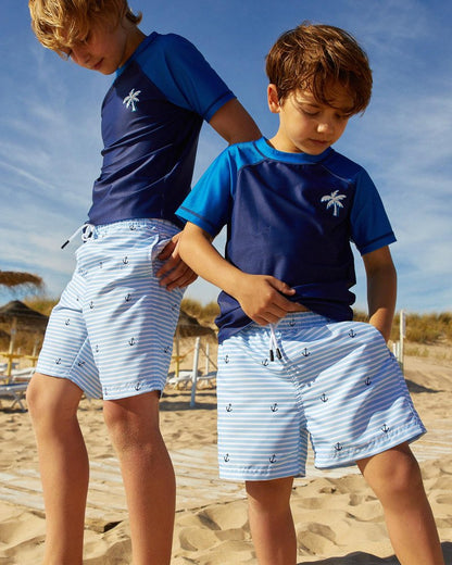 maamgic Boys Swim Trunks with Compression Liner Toddler Stretch Swim Shorts Quick Dry Swimming Trunks Boxer Brief 2 in 1 Beach Shorts White Blue Striped 7