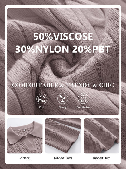ANRABESS Womens Cable Knit Sweaters Long Sleeve V Neck Sweater Tops Casual Pullover Polo Shirts 2025 Fall Fashion Outfits