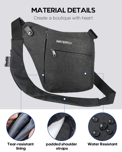 WATERFLY Sling Crossbody Chest Bag: Slim Anti-Theft Cross Body Bag Over Shoulder Backpack Stealth Side Pack Man Woman
