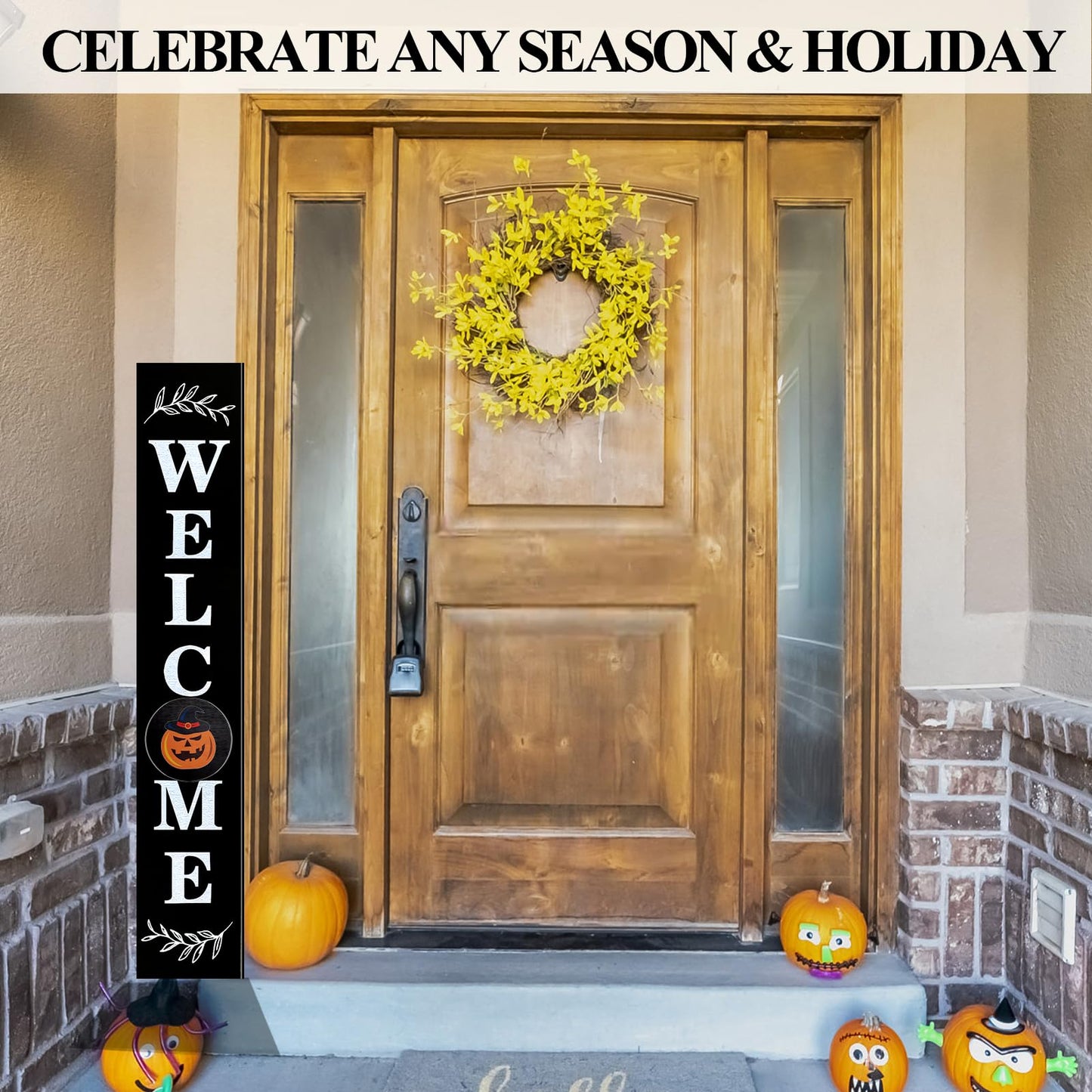 Consevisen Welcome Sign for Front Door Porch Standing, Interchangeable 47 x 7.9 Inch Outdoor Vertical Wooden Welcome Sign with 12 Seasonal Icons for Spring Fall Christmas Easter Farmhouse Home Decor
