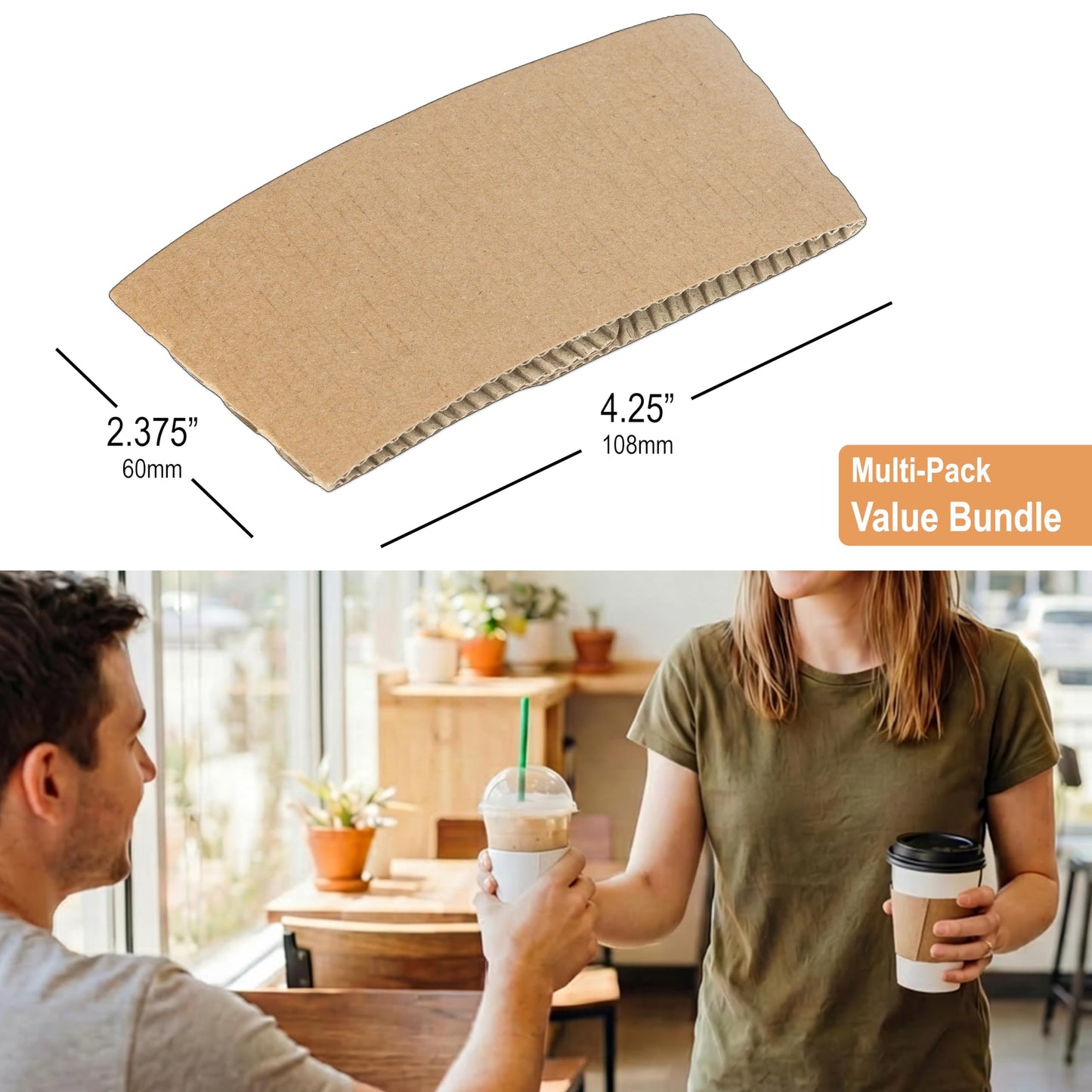 Coffee Sleeves For 10 to 20 oz. Cups (400 Pack) - Disposable Kraft Corrugated Cardboard Paper Jacket For Better Grip, Hot Cold Drinks Holder, Chocolate Milk Tea Beverage Insulator, Hand Protection