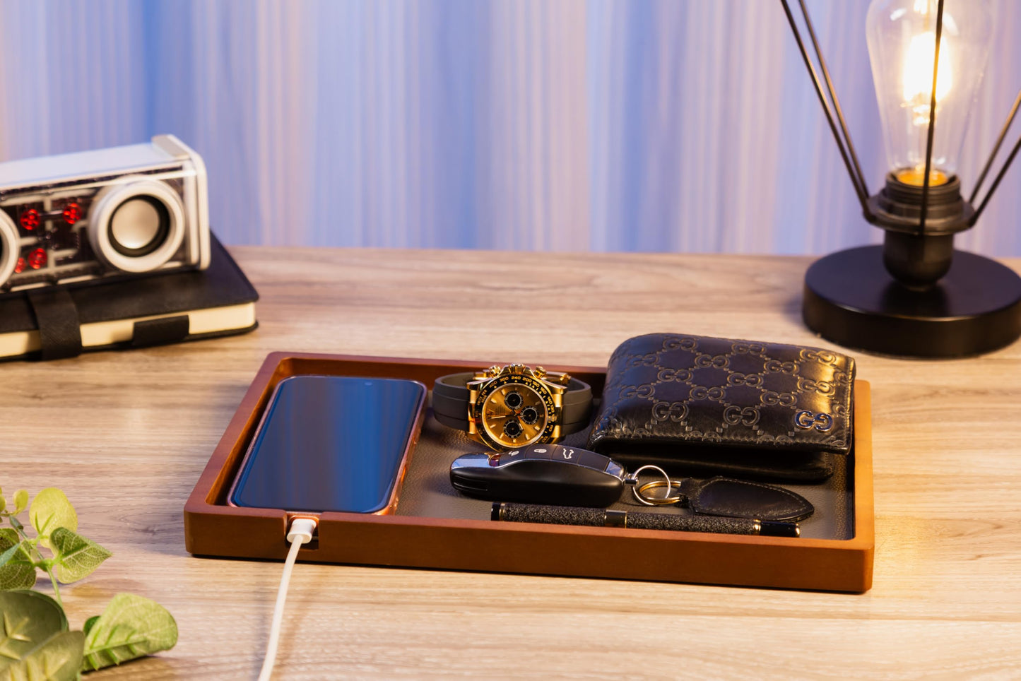 Shinpuru Wooden Valet Tray for Men, Nightstand Organizer with Leather Inlay, EDC Essentials Catchall Tray for Keys, Phone, Wallet, Watch, Earbuds - Bedside Desk Entryway Tray (Wood-Full)