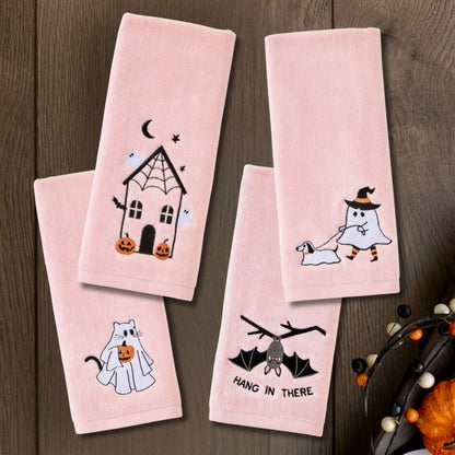 SKL Home Halloween Ghost Cat 100% Cotton Embroidered 2pc Hand Towel Set, Decorative for Bath/Kitchen/Bar & Gift, Pink