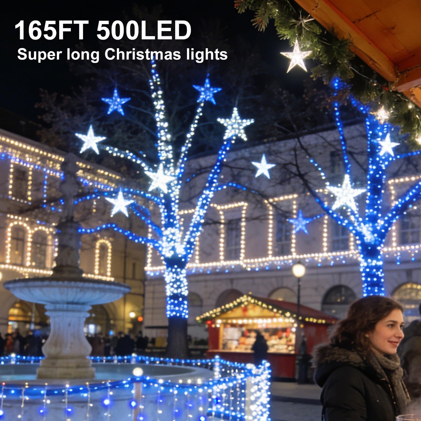 MYGOTO Led String Lights 500LED 165 ft Indoor/Outdoor Fairy String Lights 30V 8 Modes Christmas Lights for Home, Christmas Tree, Wedding Party, Room,Wall Decoration, Indoor&Outdoor(Blue+White)