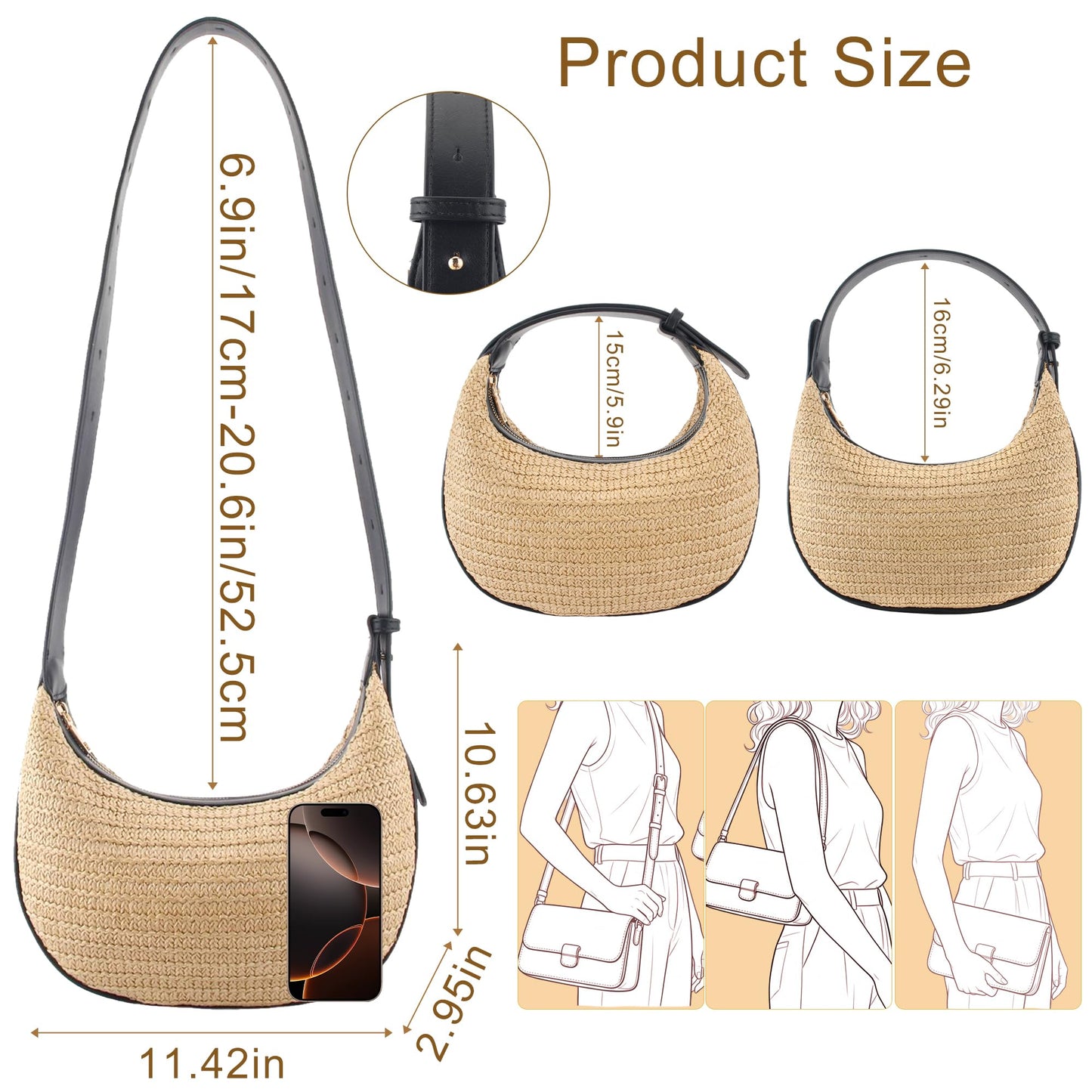 jessie Straw Shoulder Bag for Women Small Hobo Handbag Woven Crossbody Bag with Adjustable Strap Cute Clutch Purse