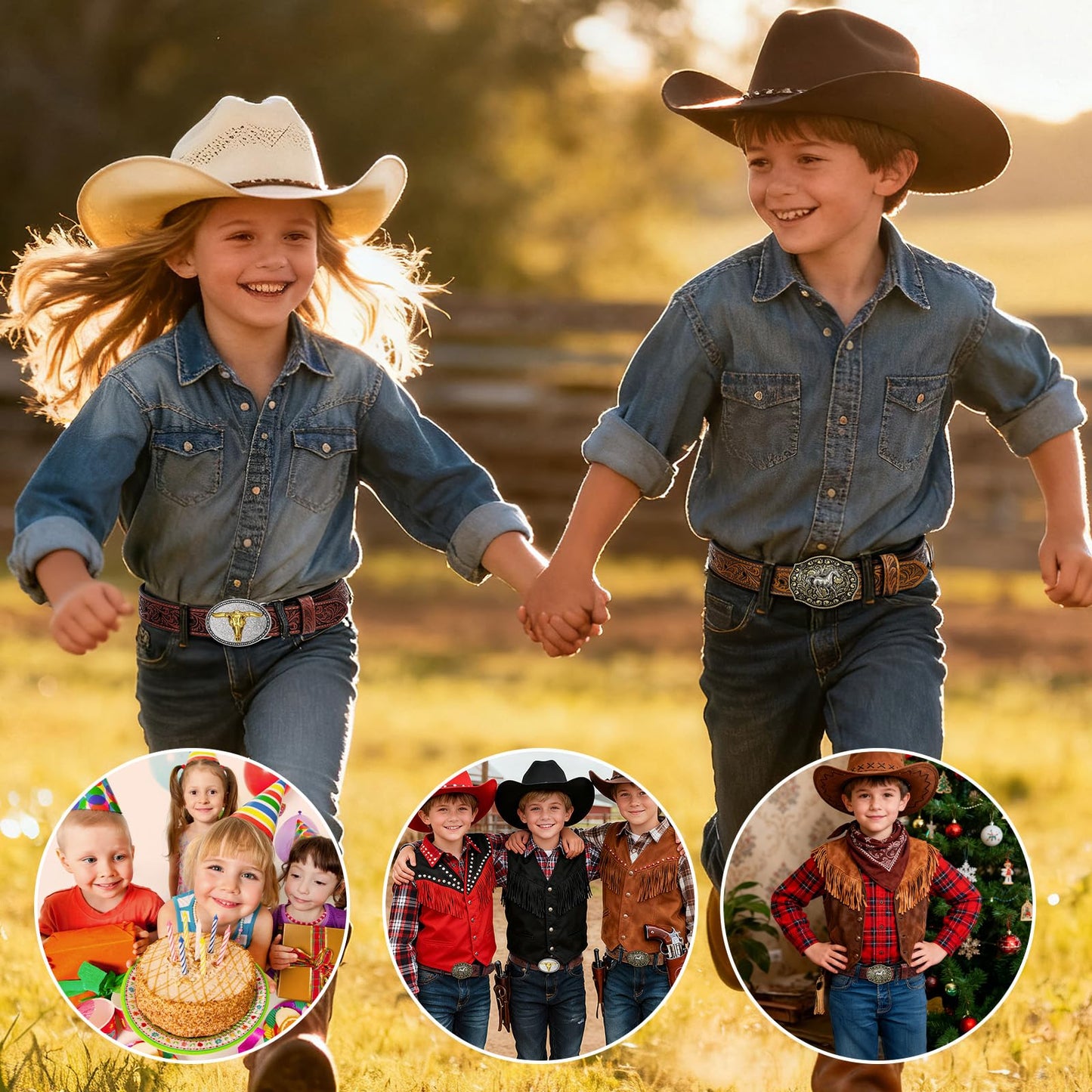 SANSTHS Kids Western Belt without Buckle Genuine Leather Boys Girls Belt Strap Cowgirl Cowboy Belts for Jeans Western Gifts, Embossed Leaf/Brown