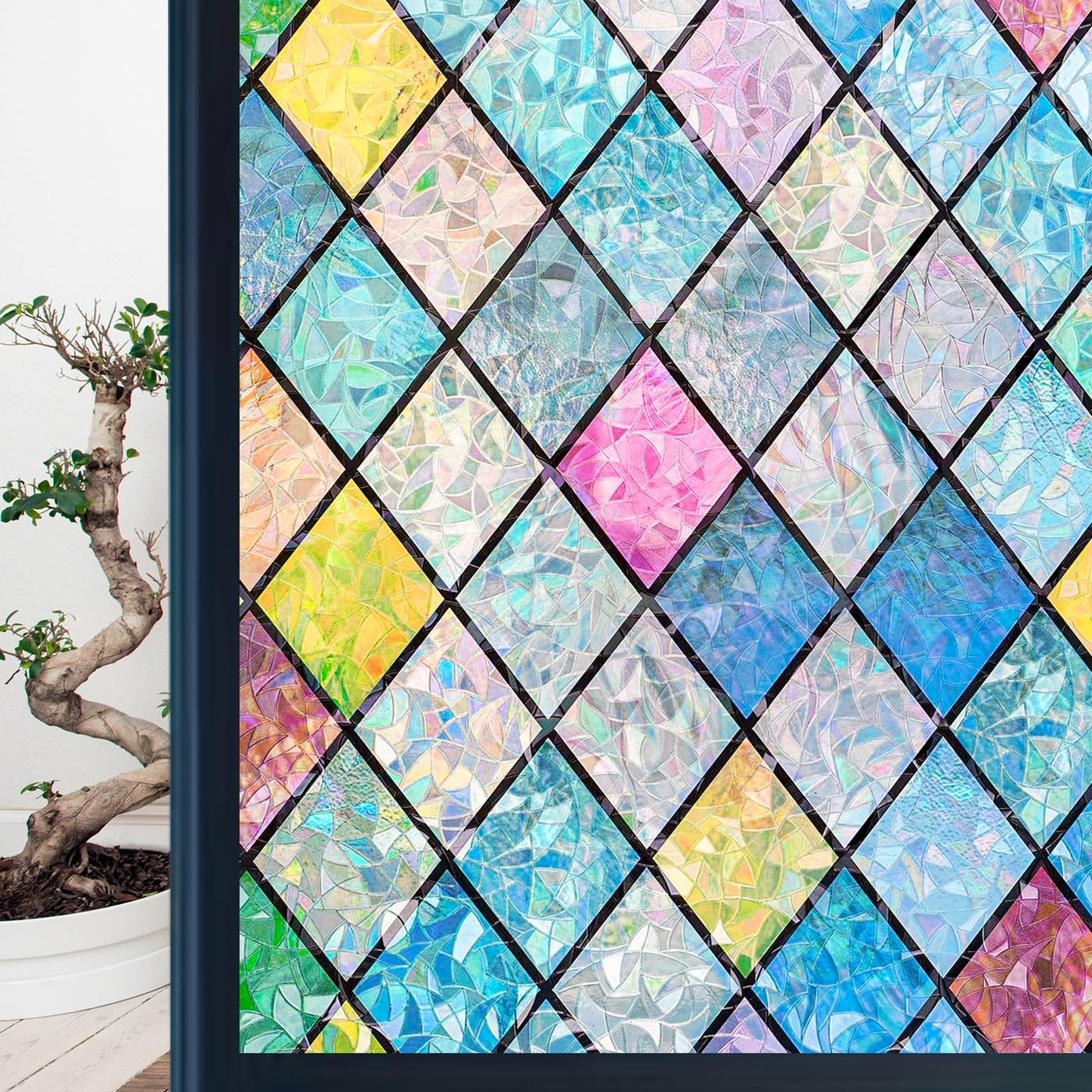 Niviy Stained Glass Window Film Tint, Privacy Film for Glass Windows Vinyl Non Adhesive Anti UV for Home Office 17.7 x 157.4 inches