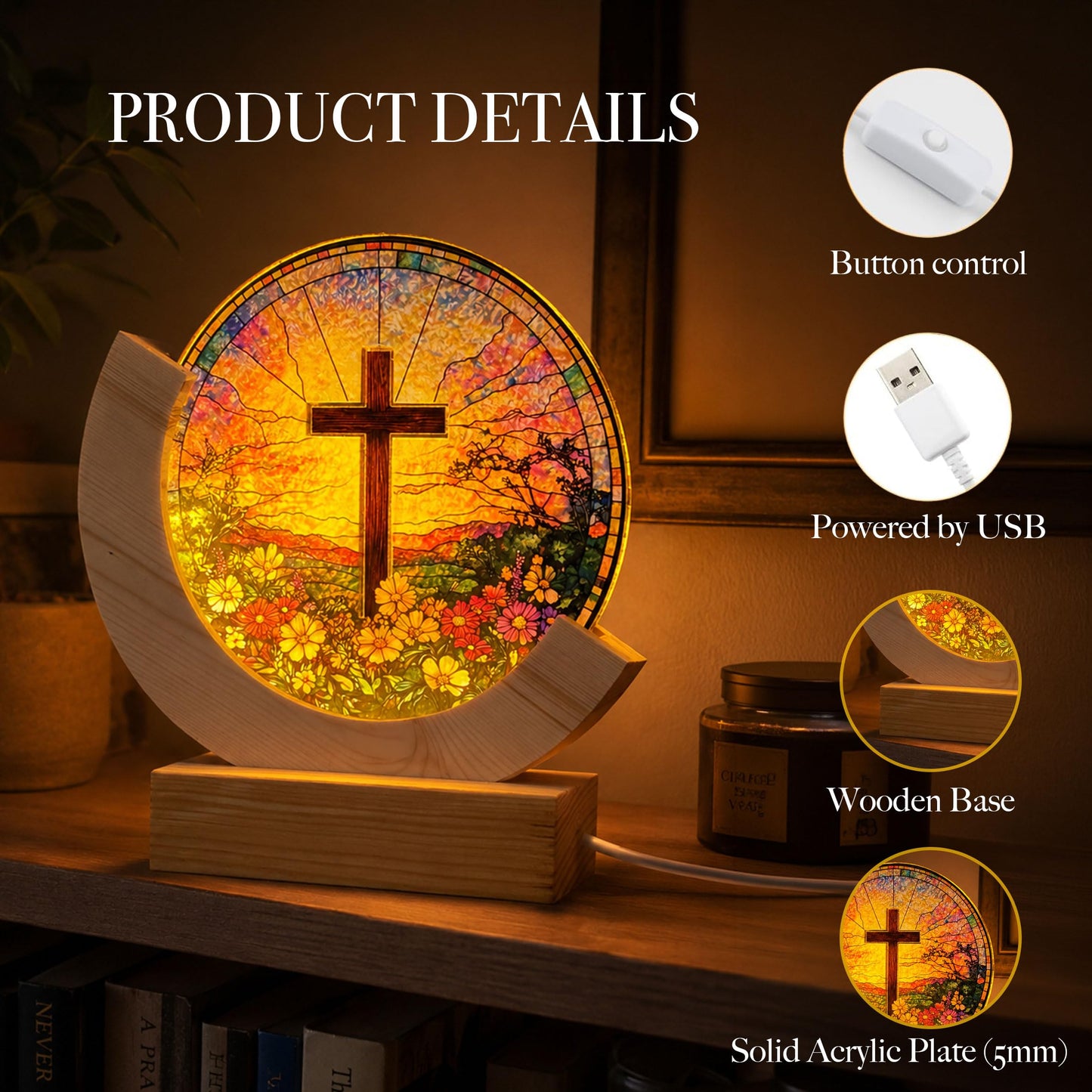 Christian Cross Stained Glass Night Light – Warm LED Glow, USB Powered, Solid Acrylic Plate with Wooden Base – Religious Home Decor Gift for Mom, Women, Christians, Easter, Christmas, Mother's Day