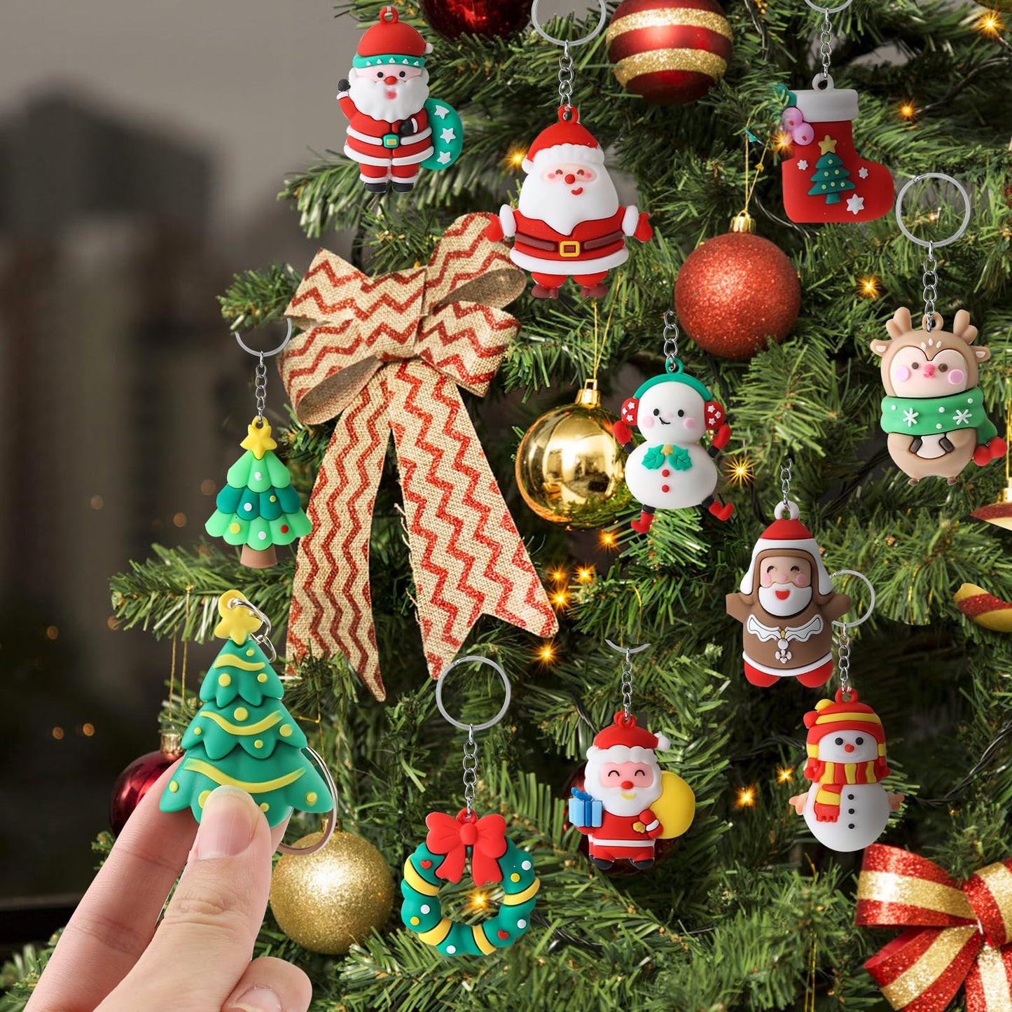 42 Pcs Christmas Keychains Bulk, 3D Santa Claus Snowman Xmas Tree Reindeer Hanging Ornaments with Key Rings for Christmas Party Favors, Adults Christmas Giveaways