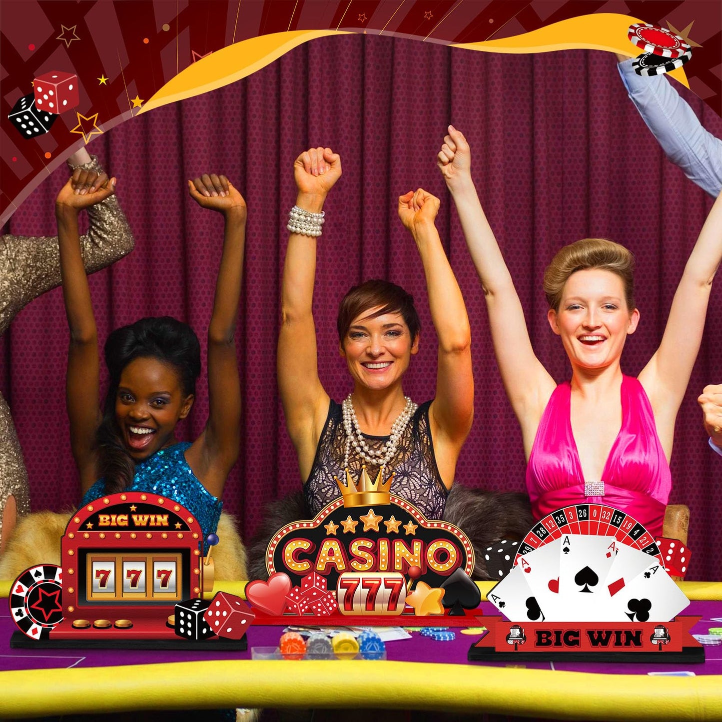 CroBlissful 6 Pcs Casino Theme Table Centerpieces Casino Theme Party Decorations Poker Chips Poker Machines Dice Spades Wooden Signs for Birthday Party Decoration
