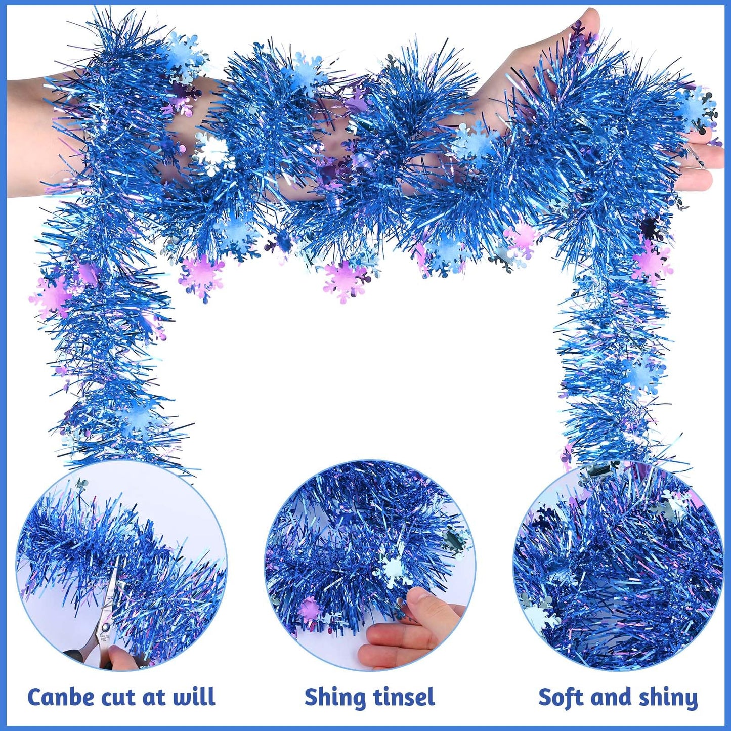 64.6 Feet Blue Purple Snowflakes Tinsel Garland Christmas Glitter Metallic Iridescent Twist Hanging Garland for Xmas Snow Winter Indoor Outdoor Ceiling Wall Tree Birthday Party Decoration