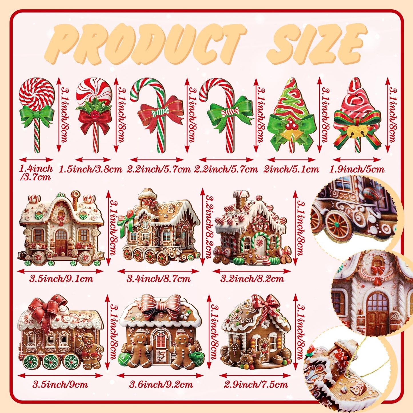 Roowest 36 Pcs Christmas Gingerbread House Ornament Set Wood Christmas Tree Ornaments Lollipop Flat Train Donut Cake Hanging Decorations Peppermint Ornaments for Xmas Tree Party Supplies