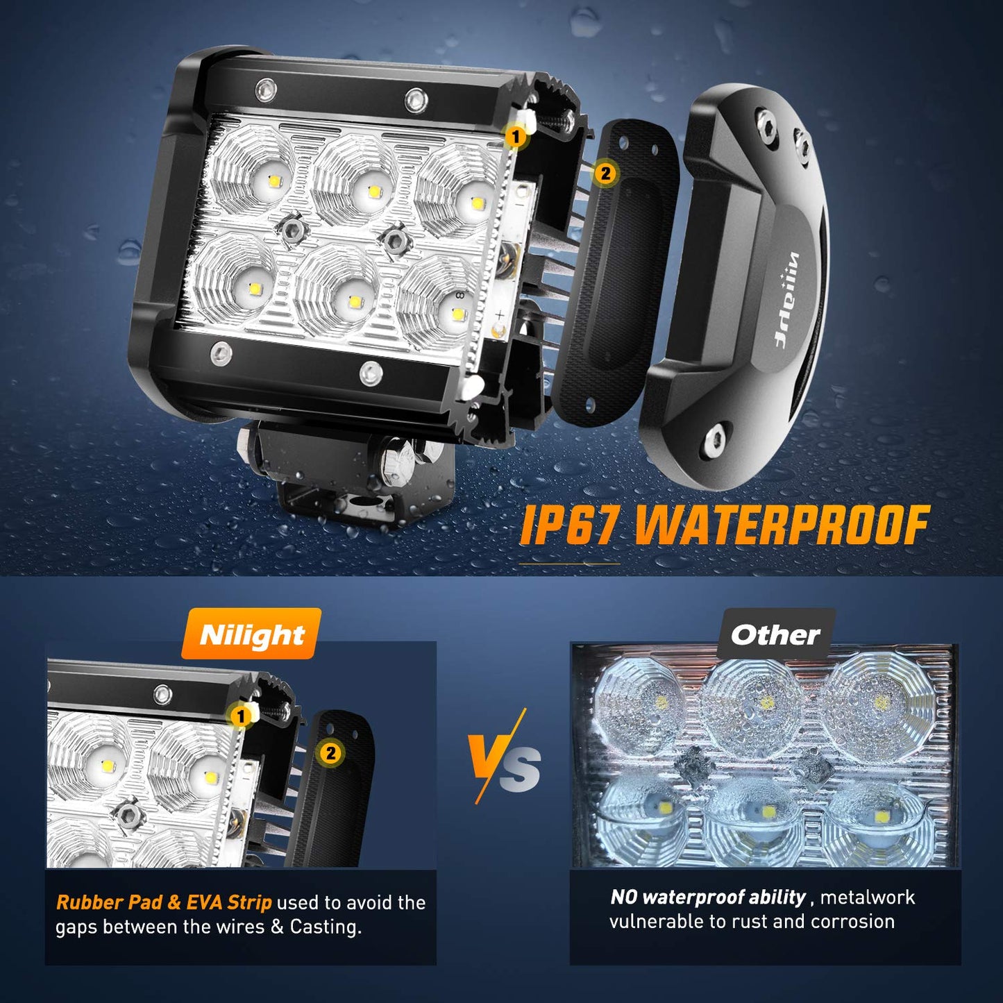 Nilight Led Pods 2Pcs 18W 1260LM Flood Led Off Road Lights Super Bright Driving Fog Boat Lights Led Work Light Bar for Trucks Pickup Golf Cart SUV ATV UTV 4x4 Van Camper