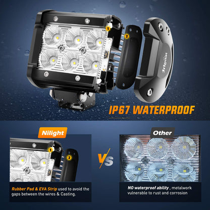 Nilight Led Pods 2Pcs 18W 1260LM Flood Led Off Road Lights Super Bright Driving Fog Boat Lights Led Work Light Bar for Trucks Pickup Golf Cart SUV ATV UTV 4x4 Van Camper