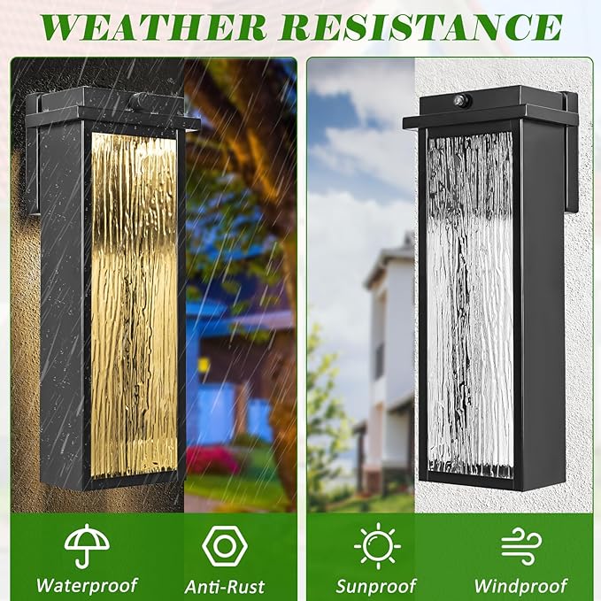 Black LED Dusk to Dawn Outdoor Lighting 2 Packs, 16" Large Outside Farmhouse Wall Lantern, Industrial Porch Wall Mount Light Fixture with Rippled Glass, Waterproof Modern Exterior Sconce Lamp