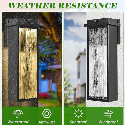 Black LED Dusk to Dawn Outdoor Lighting 2 Packs, 16" Large Outside Farmhouse Wall Lantern, Industrial Porch Wall Mount Light Fixture with Rippled Glass, Waterproof Modern Exterior Sconce Lamp