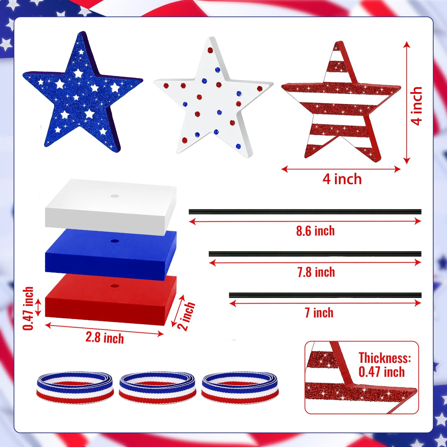3 Pcs 4th of July Table Decoration Wooden Sign, Glitter Red White Blue Star Patriotic Table Centerpiece Fourth of July Tabletop Decorations Memorial Day Tiered Tray Decor for Home Office
