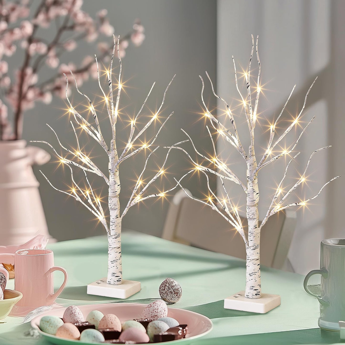PEIDUO Home Decor, 2FT Birch Tree with LED Lights, Warm White Light up Tree Lamp, Artificial Trees for Home Table Inside, Battery Powered, Timer (2PK)