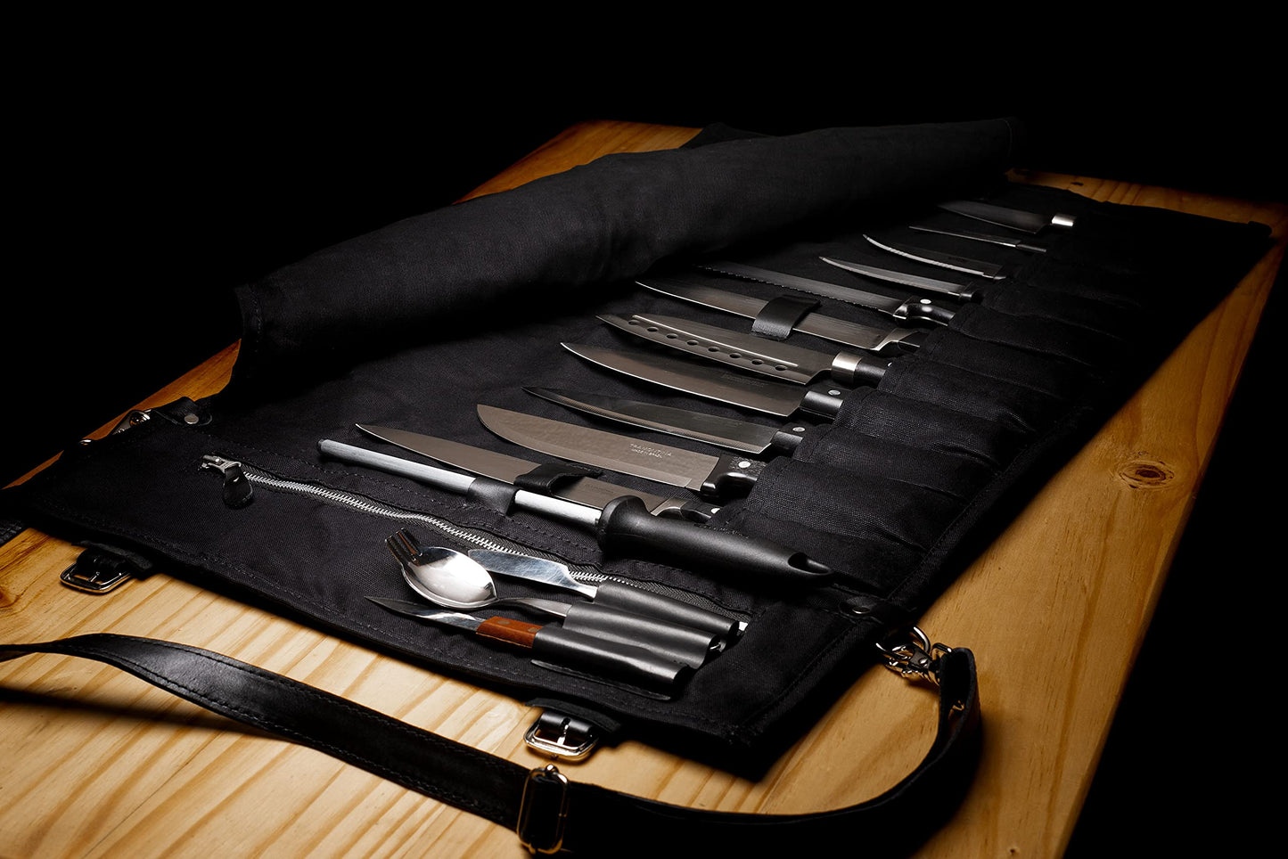 EVERPRIDE Waxed Canvas and Genuine Leather Trim Chef Knife Roll Bag Holds 12 Knives and Cooking Tools – Durable, Large Knife Case – Elegant Chef Bag for Professional Cooks and Students