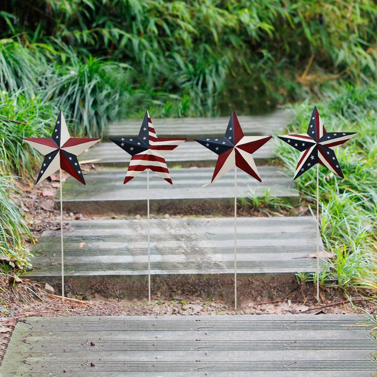 Morning View American Flag Barn Star Garden Stake Set of 4, Metal Patriotic Garden Stake Decorative USA Yard Signs Outdoor US Flags Lawn Porch for 4th of July Memorial Day 15.75 Inches Tall