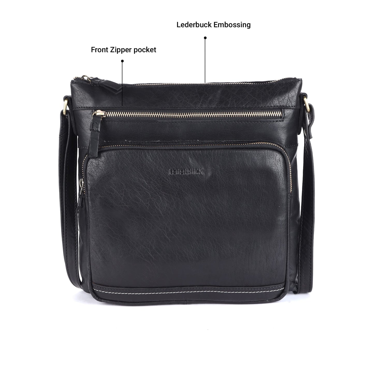 LEDERBUCK Olga Women's Extra-Large Genuine Leather Crossbody Purse – Soft Triple-Zip Shoulder Bag (Black)