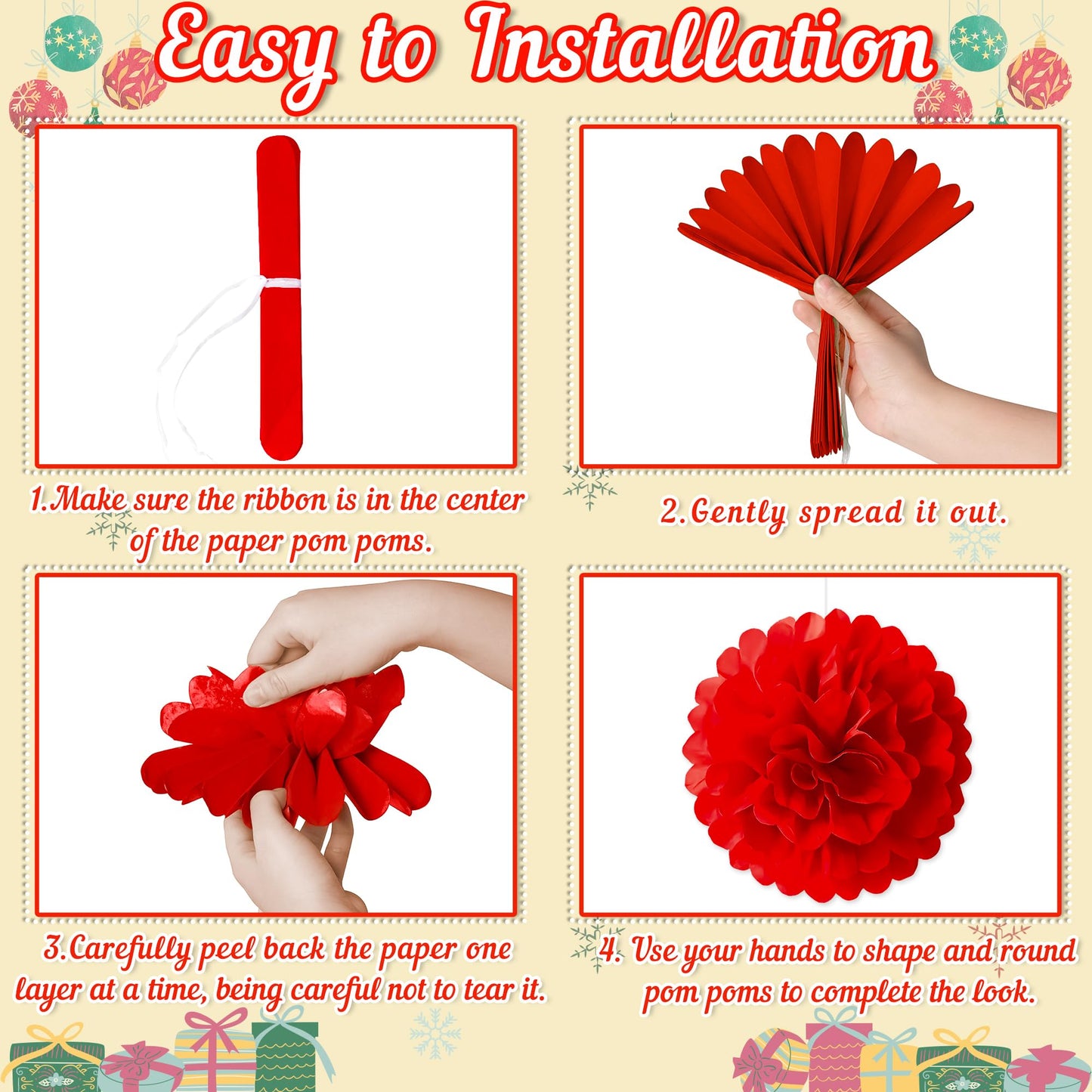 Renbuzhu 13PCS Christmas Decorations Ornaments Set – 9 Red White Hanging Paper Lanterns, 4 Pom Poms for Indoor, Home, Xmas Party, Porch Decor