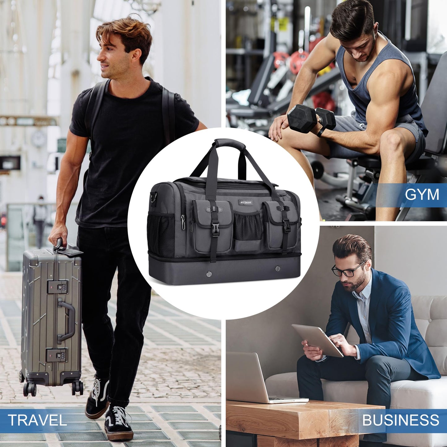 WITZMAN Duffle Bag for Men Large Carry On Travel Mens Weekender Overnight Bags with Shoes Compartment for Sports Gym(B723 Silvery Grey)