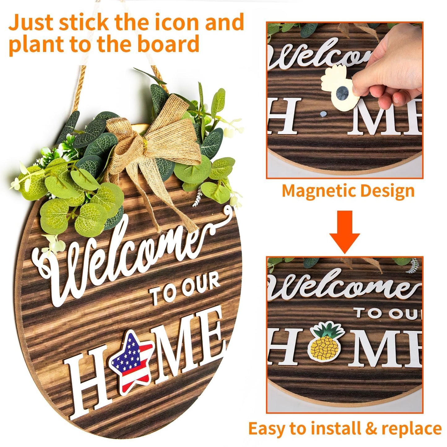 Welcome Sign For Front Door 3D Decor Interchangeable Seasonal Rustic Round Wooden Wreaths Wall Hanging Plaque Outdoor Farmhouse Porch for Spring Summer Fall All Seasons Holiday Halloween Christmas