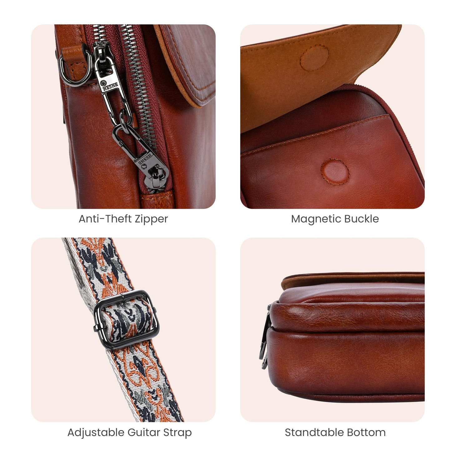 HESHE Leather Small Crossbody Bags for Women RFID Blocking Cell Phone Purse Anti-Theft Travel Bag with wide Straps (Retro Brown)