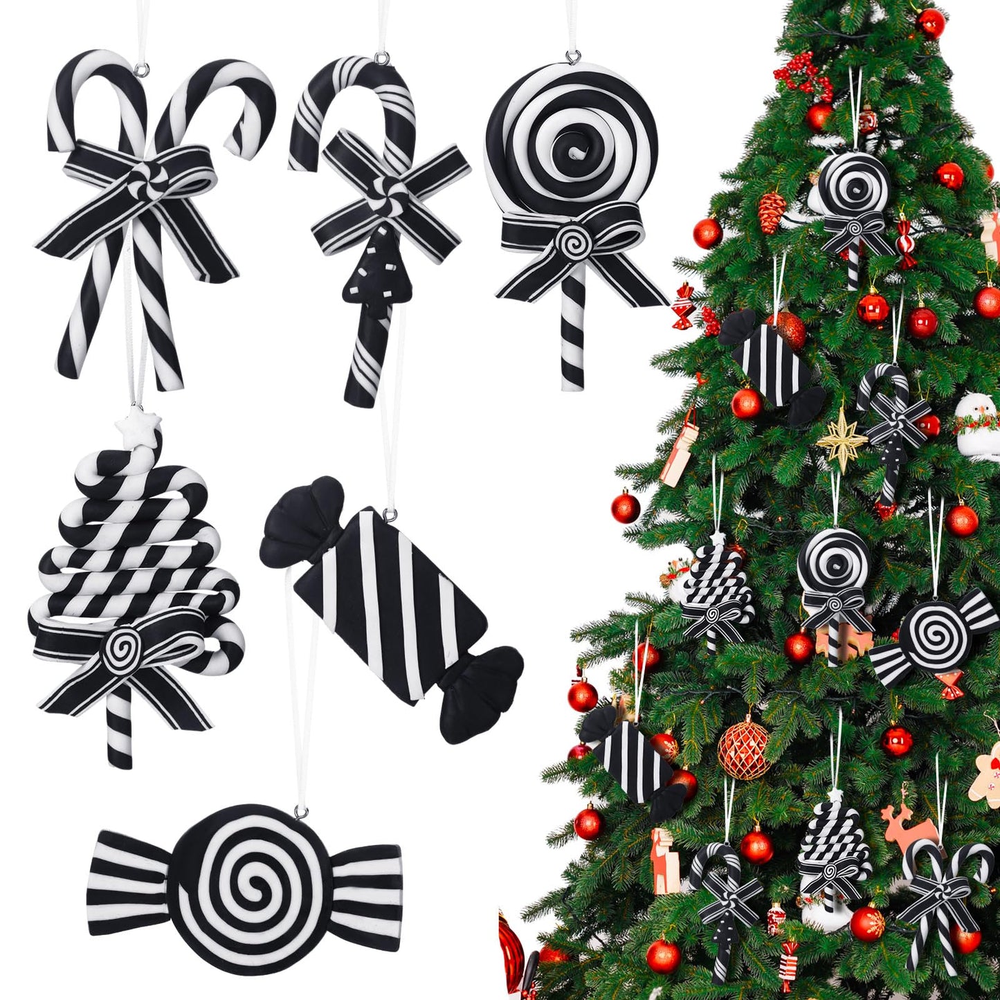 Blulu 6 Pcs Christmas Black and White Candy Cane Lollipop Hanging Ornaments Tree Picks Decorations Polymer Clay Peppermint Winter Holiday Xmas Party Supplies for Wreaths Christmas Trees Accessories
