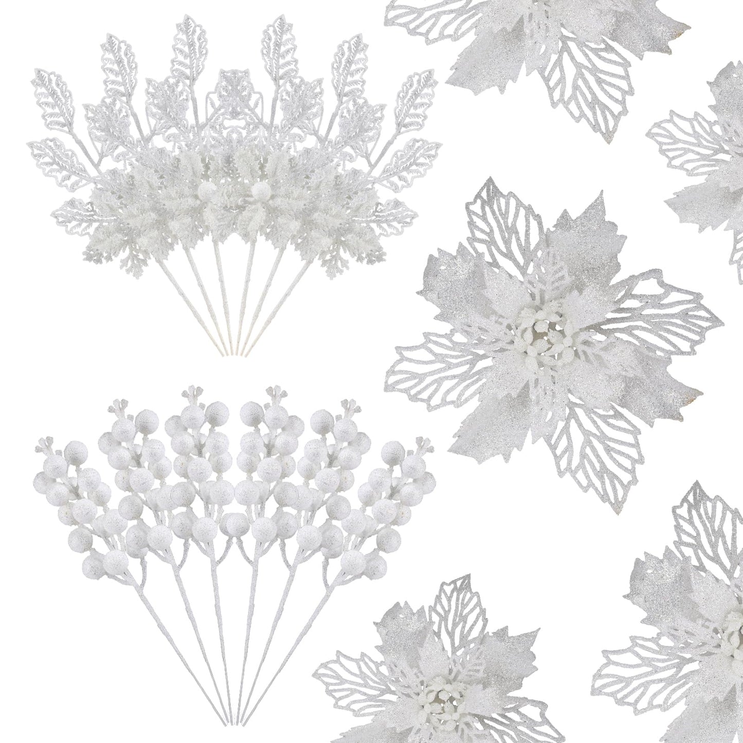 Alupssuc 24 PCS Christmas Tree Decorations, 12 PCS Poinsettia Flowers Artificial+6 PCS Glitter Holly Berry Stems+6 Berry Leaves Christmas Tree Picks for Party Wreath Fireplace, White