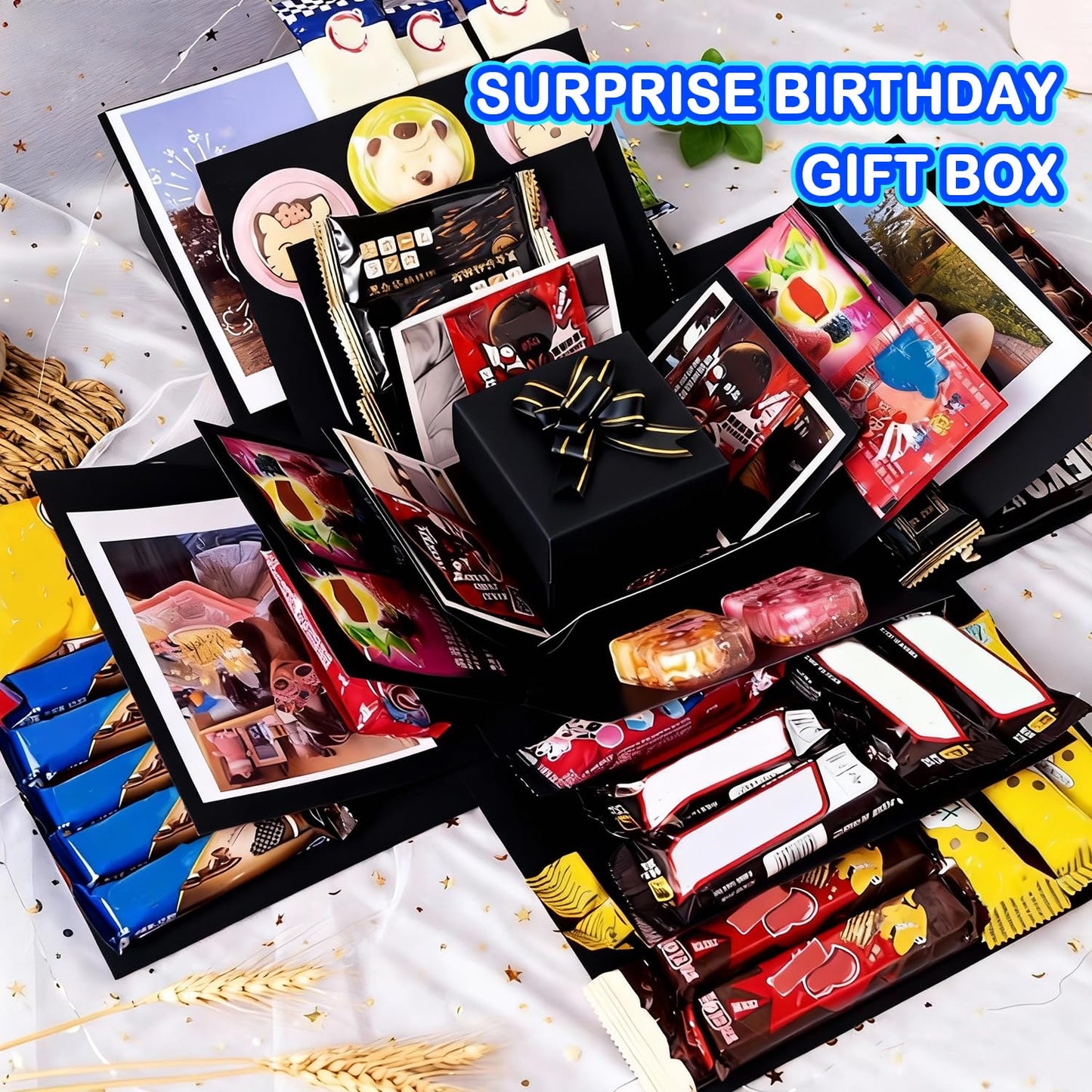 5-Layer creative explosion gift box, gift wrap box. Creating a 5-Layer of various gifts by yourself. An ideal, mysterious self-made gift for birthday, Christmas and anniversaries. (Black, Square)