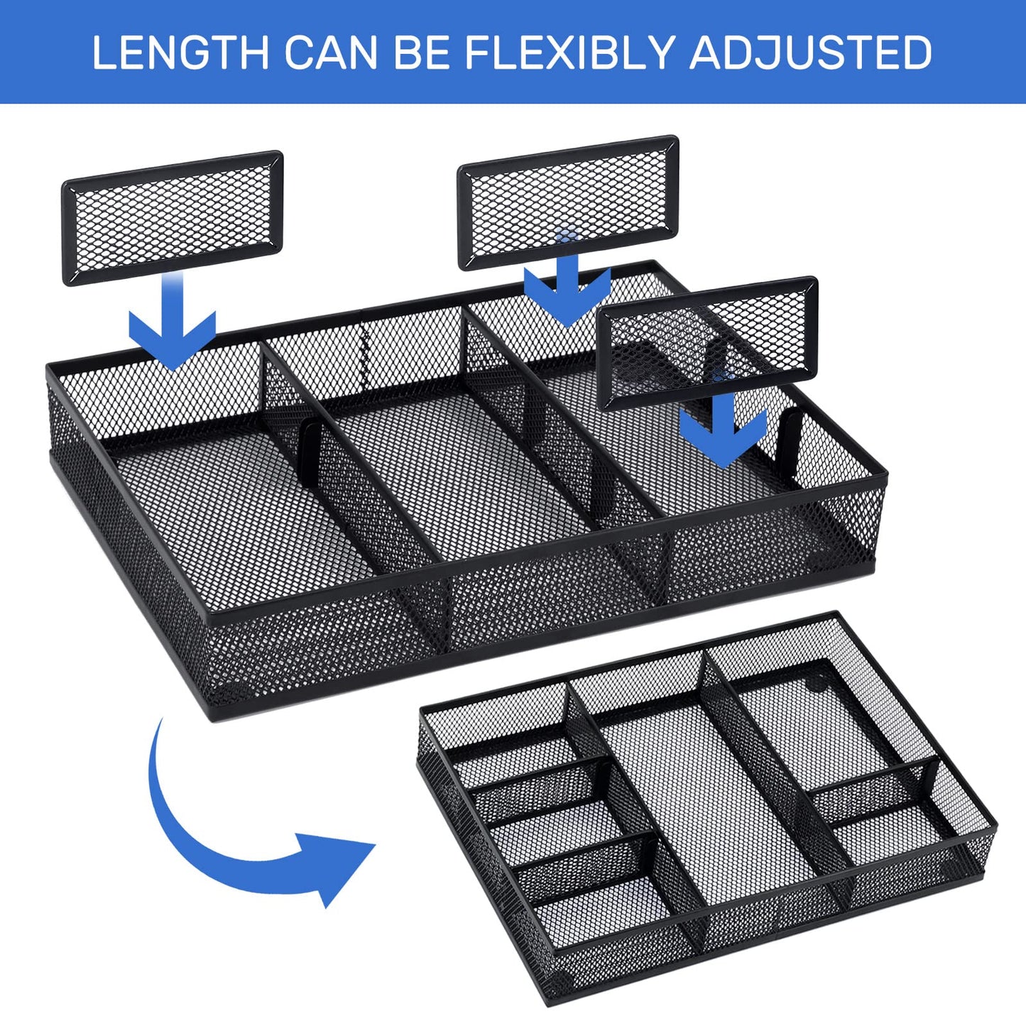 Neudeco Desk Drawer Organizer with 6 Adjustable Dividers, Metal Mesh Pen Organizer for Desk Drawer, Office Supplies Tray (Pack of 4, Black)