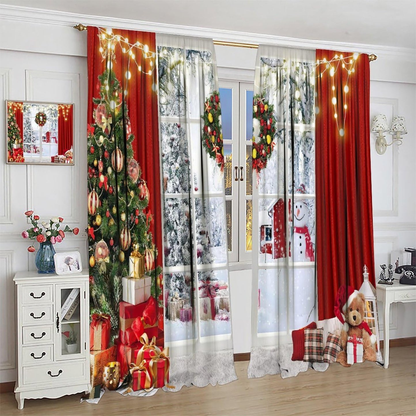 FengMingRui Merry Christmas Curtains Winter Festival Snowman Christmas Tree New Year Christmas Window Treatment Bedroom Living Room Decoration Blackout Decor Window Drapes 42" W X 63" L