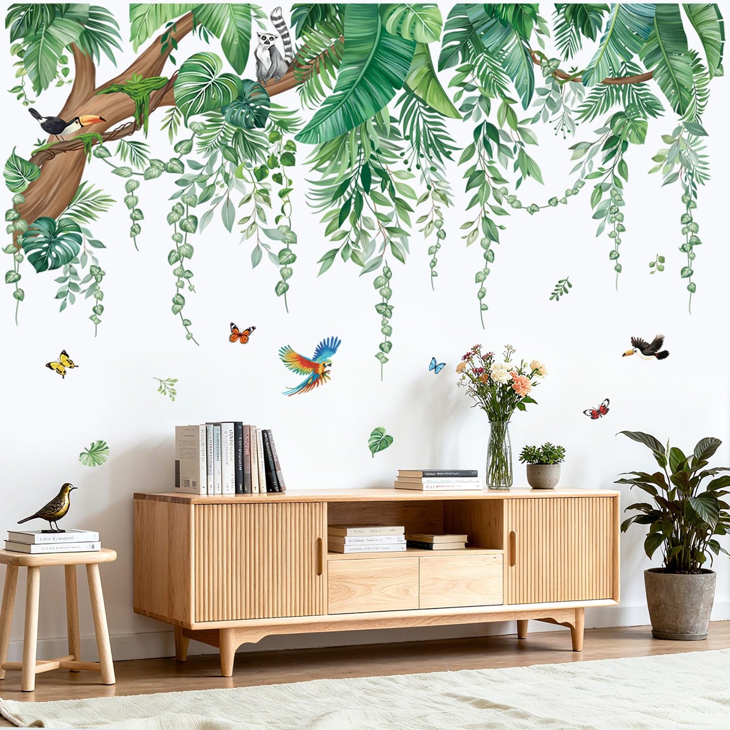 wondever Large Green Tropical Leaves Wall Stickers Hanging Vines Palm Tree Peel and Stick Wall Art Decals for Bedroom Living Room Nursery